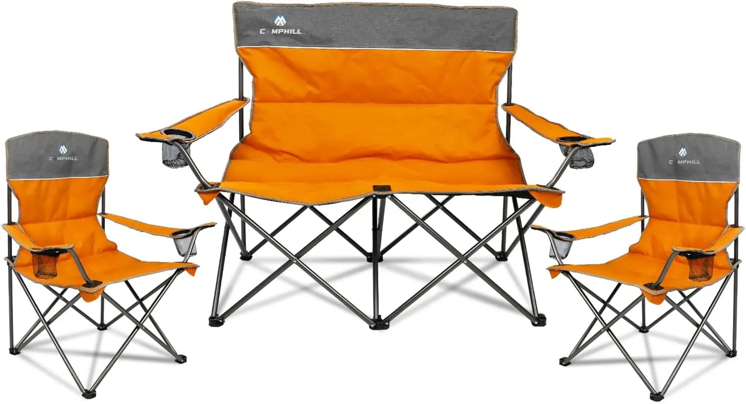 Chair Set of 3, Outdoor Folding Camping Chairs for Heavy People with Cup Holder & Carry Bag,Collapsible Chair Include One Sofa C