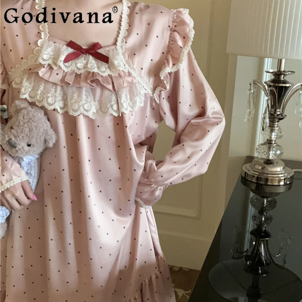 Sweet Princess Pajama Court Style Nightgowns Polka Dot Long Sleeve Princess Home Wear Sleepwear