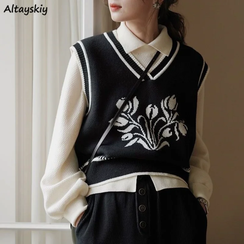 

Basic Cropped Sweater Vests Women Vintage Floral Designed Simple Loose S-3XL Cozy Elegant Office Ladies All-match Chic Fashion