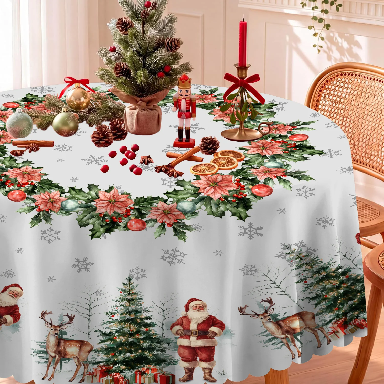 Watercolor Christmas Round Tablecloth, Santa Reindeer Xmas Tree Table Cover, Holiday Party Dining Table Decor for Home Kitchen
