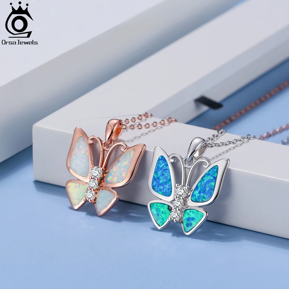 

ORSA JEWELS Opal Butterfly Necklace Shinning Zircon Collarbone Collar 925 Silver Korean Jewelry Women Choker Chain Gifts SN335