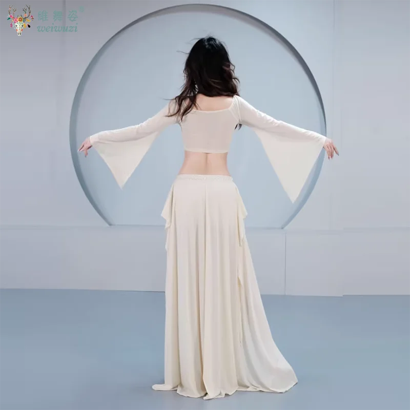 Conjunto de traje de danza del vientre para mujer, Top de manga larga + falda larga de malla con piedras AB, conjunto de ropa de danza del vientre Oriental para adultos, 2 uds.