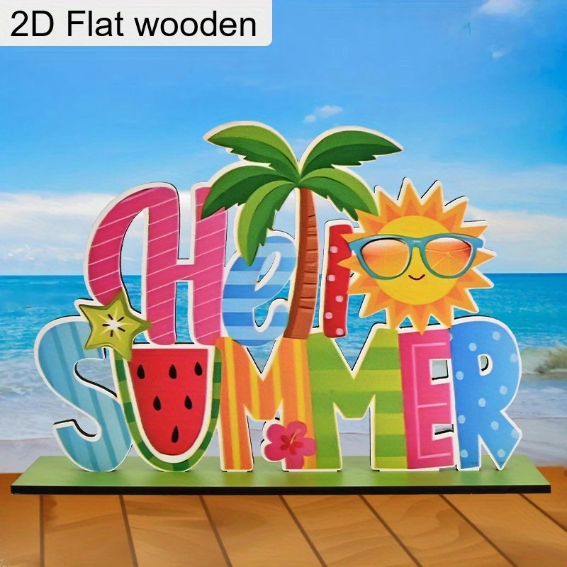 Hello Summer Wooden Desktop Decoration Multi-Color 2D Coconut Theme Palm Trees Sun Watermelon Design for Office Home Decor Gifts