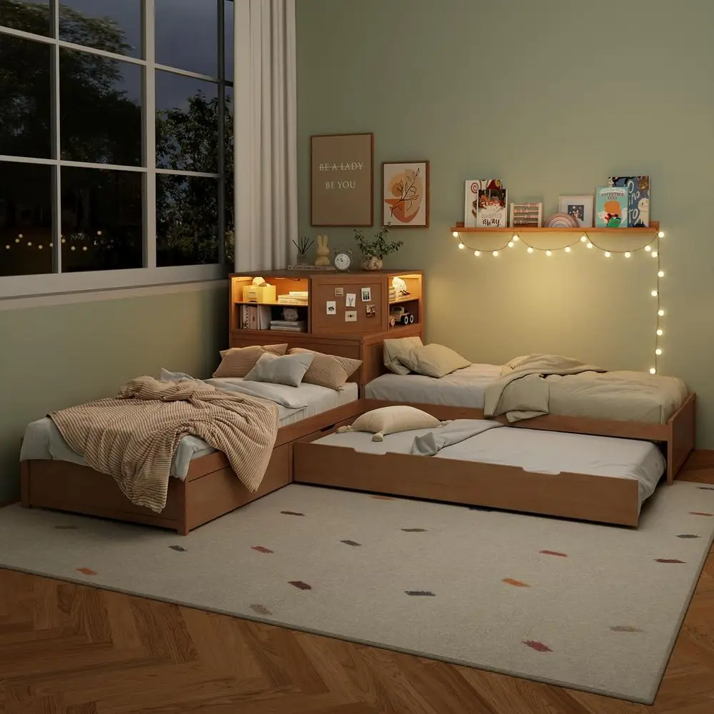 

L-Shaped Double Twin Bed with Trundle, Wooden 3-in-1 Low Platform Bed for Kids, featuring Built-in Nightstand and LED Light