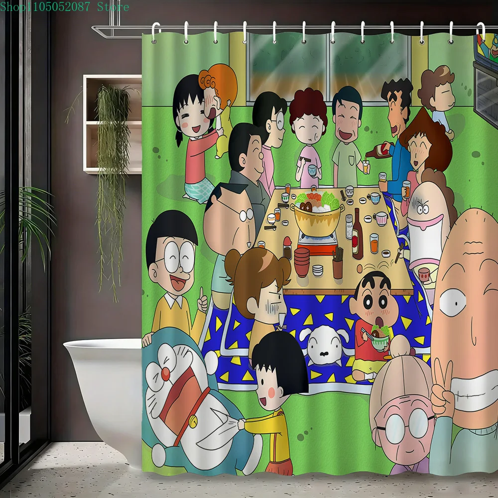 Cortina de Ducha Impermeable con Estampado 2D de la Escena del Gran Reencuentro de Crayon Shin-chan, Doraemon y sus Amigos, Verde Vibrante, Anime Crossover