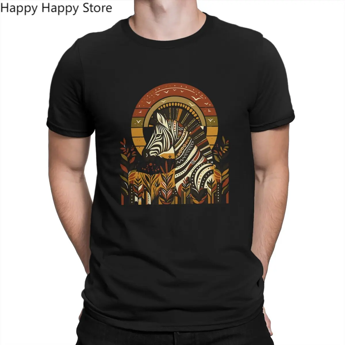 Zebra Animal Creative TShirt for Men Tribal  Art  The Essence Of African Sunset Round Collar Polyester T Shirt Hip Hop