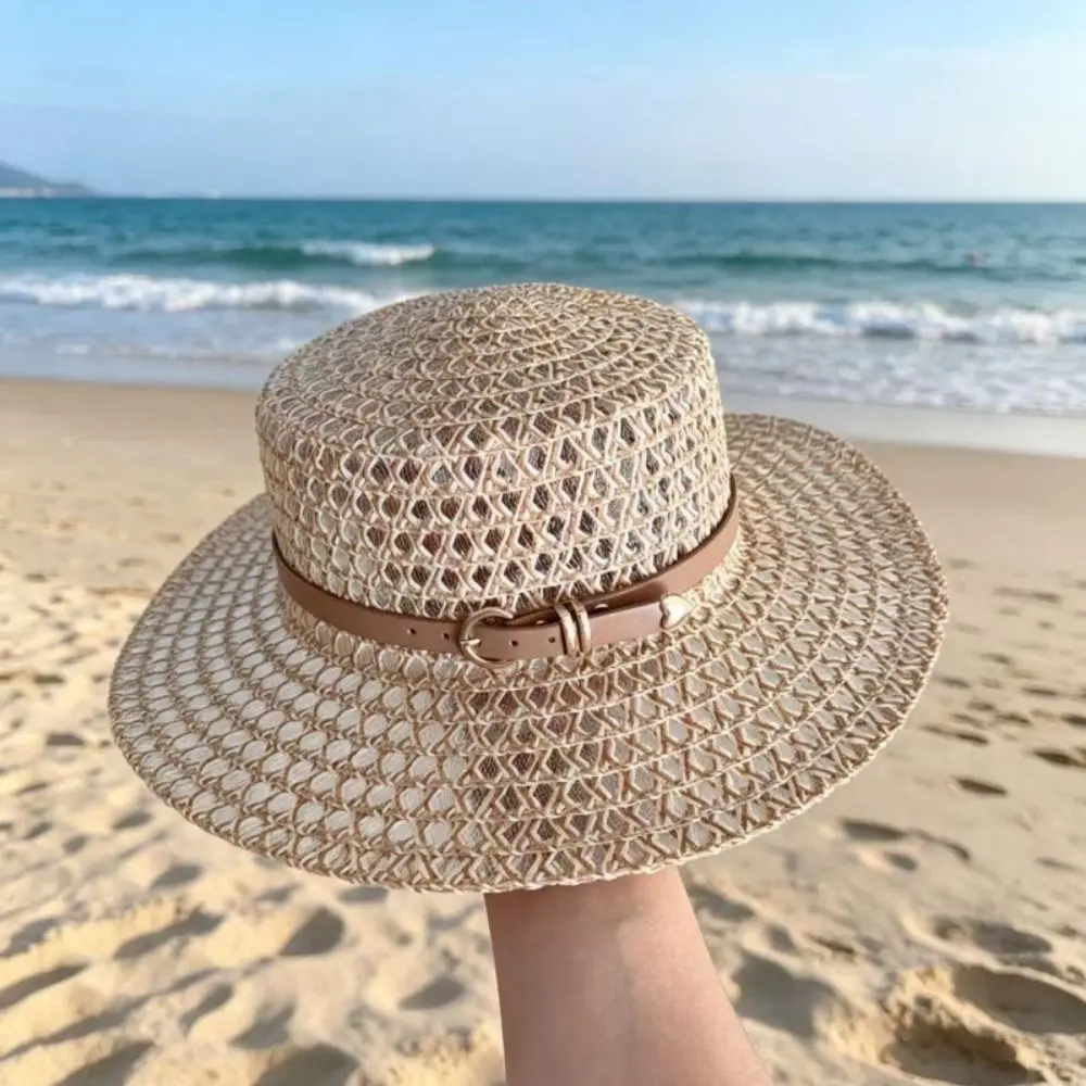 Versatile Buckle Decorated Band Straw Hat Hollow Out Breathable Flat Top Hat Flat Brim Flat Top Woven Sun Hat Outdoor Outing