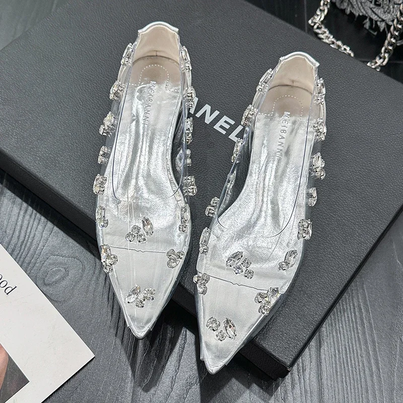 Sapatos planos de strass transparentes femininos outono nova cabeça pontiaguda boca rasa temperamento de cristal único sapatos