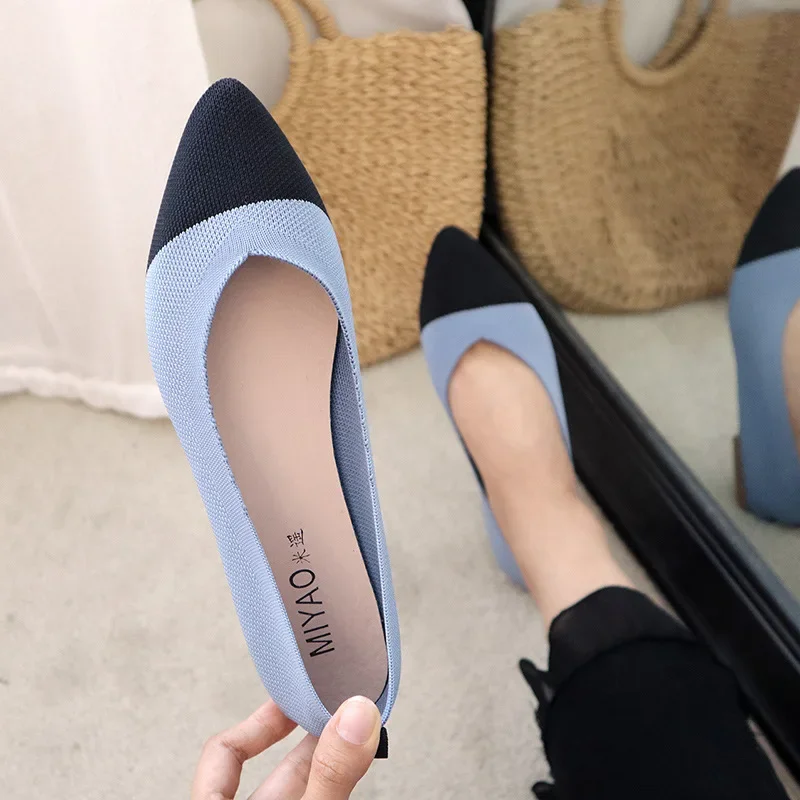 Casual Knitted Flat Shoes Women Pointed Toe Soft Sole Single New Simple Splicing Shallow Mouth Comfort House Shoes 2024