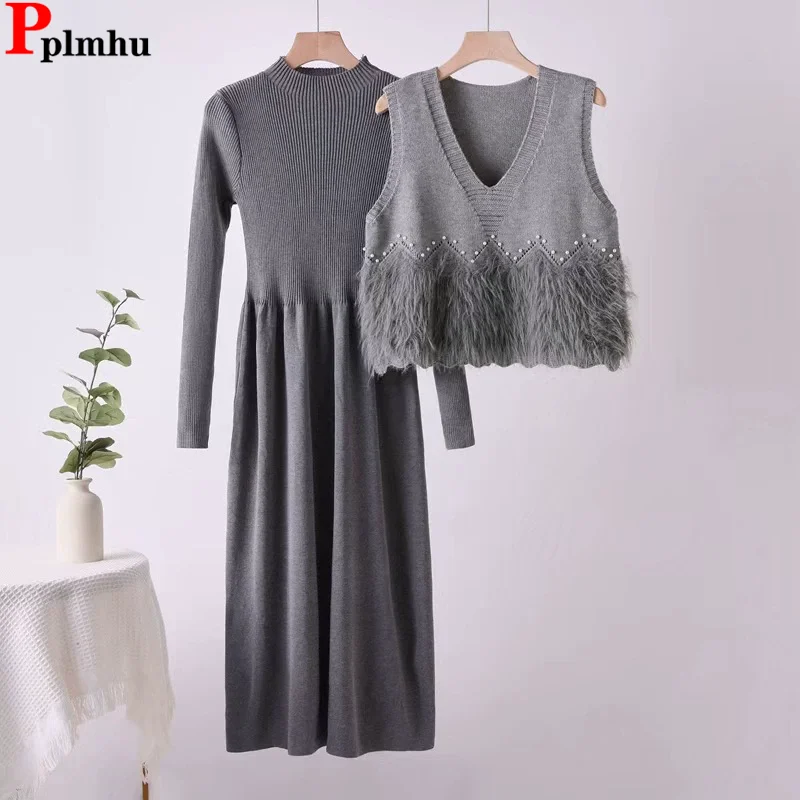 

Осень-зима, новый дизайн, вязаные комплекты из 2 предметов, женский короткий жилет без рукавов с v-образным вырезом, топы Conjuntos, однотонное, тонкое, элегантное платье, наряд