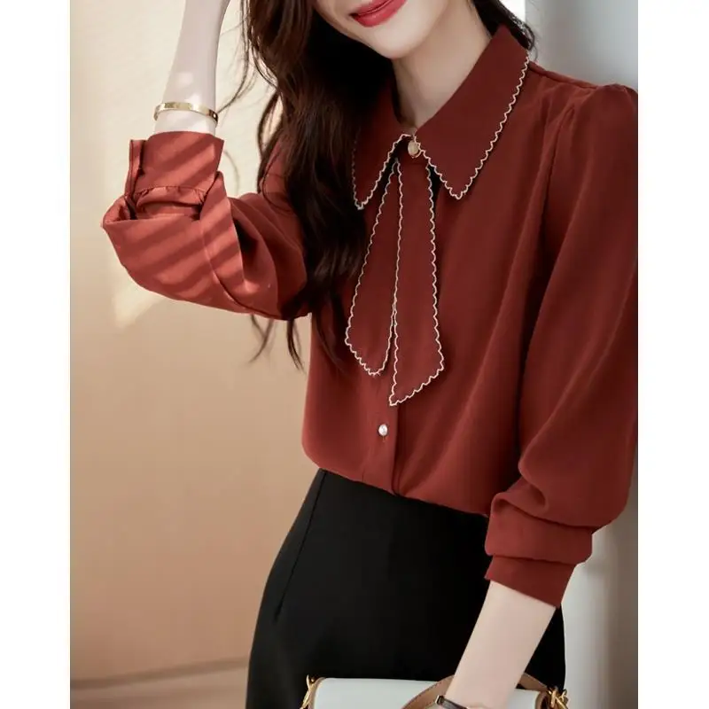 Women Clothing 2024 Spring Autumn Korean Fashion Bow Tie Shirts Vintage Elegant Office Lady Blouse Casual Long Sleeve Loose Tops