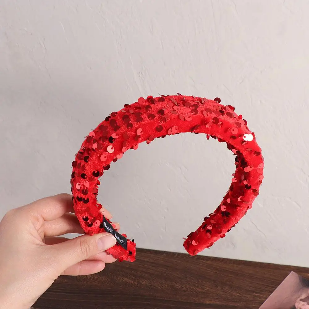 

Shining Solid Color Sequins Headband Wide Plastic Wide Hairband Headwear Velvet Sponge Hair Band New Year