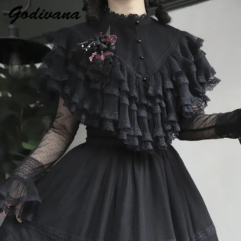 Gothic Lolita Inner Shirt Retro Women's Lace Stitching Short Lace Ruffled Cape Shirt Sweet Blouses