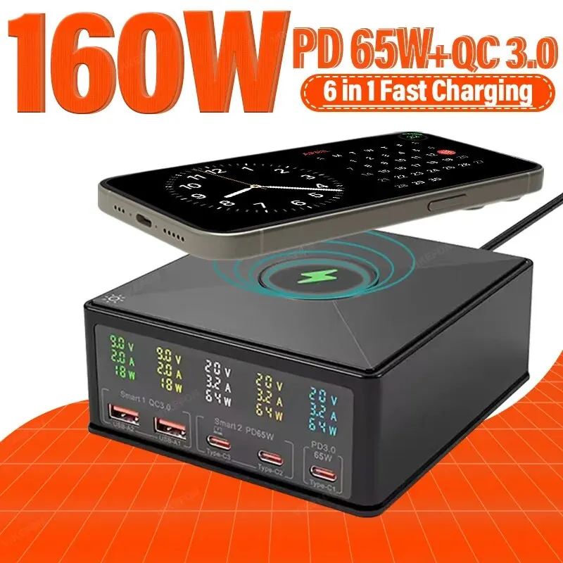 160W 5 Port USB Charger Station Wireless Charging QC3.0 Fast Charger USB-C PD 65W Quick Charge for iPhone Samsung Laptop Tablet