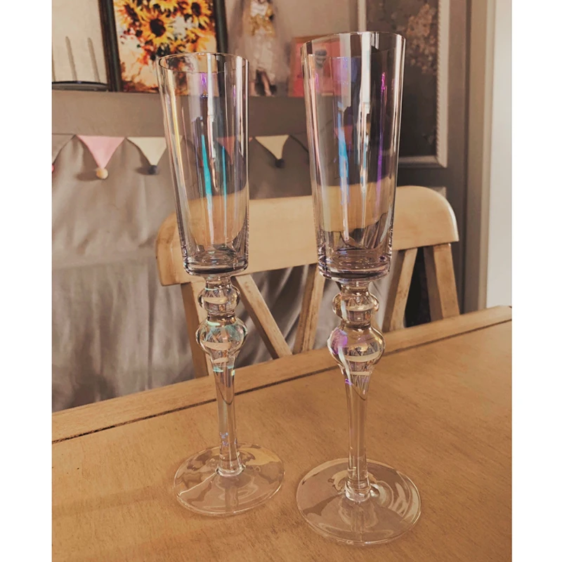 2pcs Streamer Rainbow Champagne Flutes Premium Crystal Hand Blown Sparkling Wine Dessert Wine Cup Holiday Gift Red Wine Glass