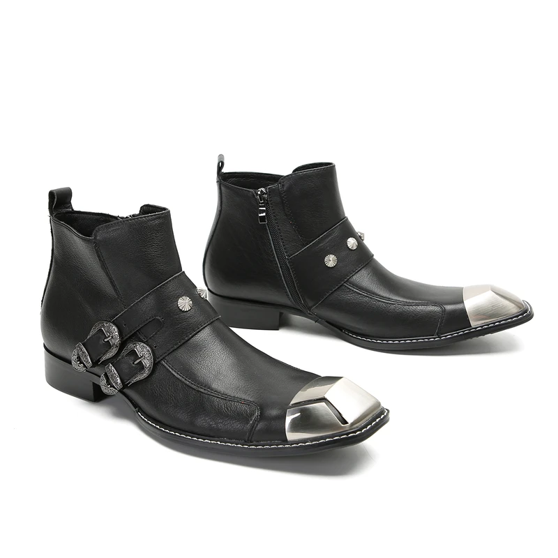 

Classic Black Square Toe Men Short Boots Handmade Real Leather Buckle Formal Shoes Male Plus Size Party Cowboy Motorcycle Boots