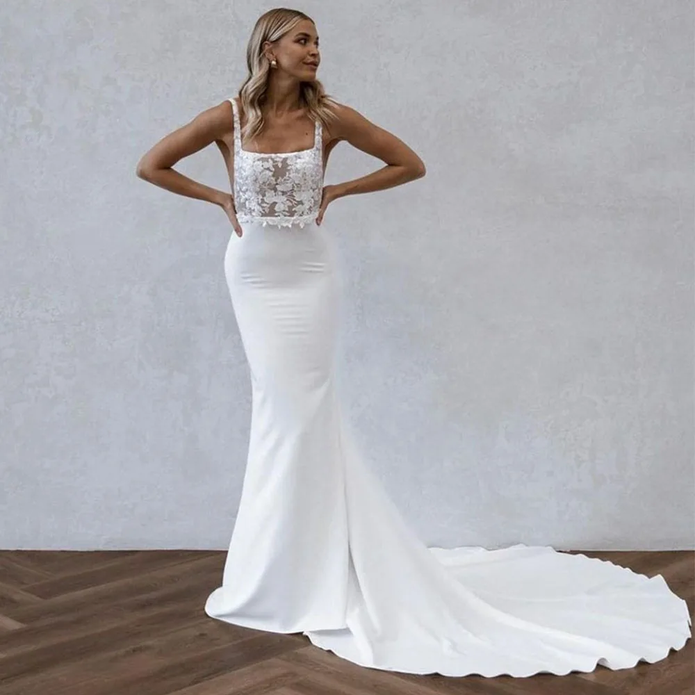 

Simple Square Collar Wedding Dress Spaghetti Straps Mermaid Floor Length Delicate Applique Sleeveless Bridal Open Back Gowns