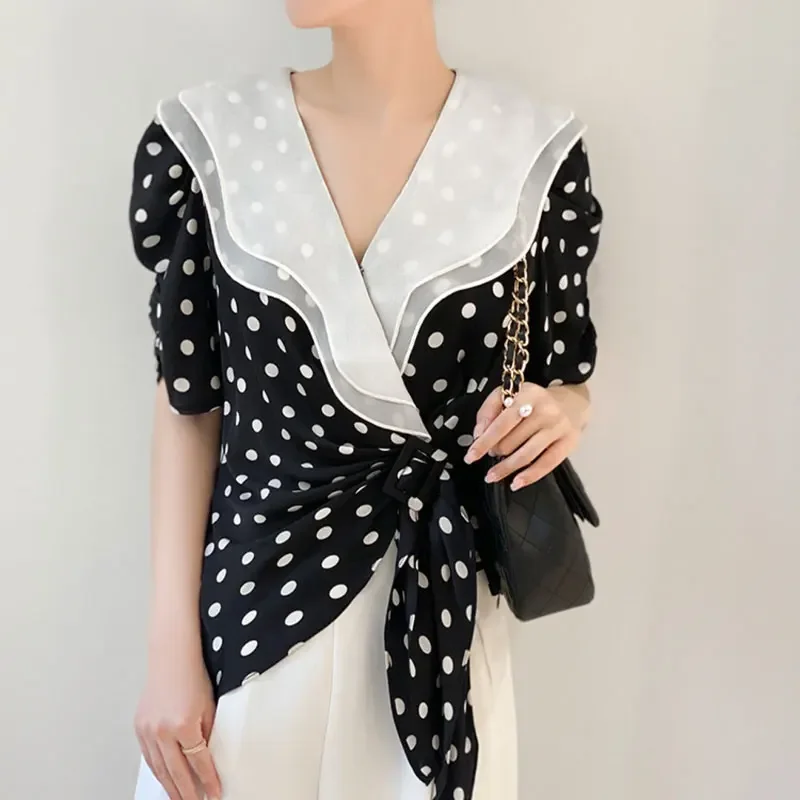 Büro Dame Rüschen V-ausschnitt Bluse Sommer Polka Dot Gedruckt Mode Kordelzug Grundlegende frauen Kleidung Koreanische Kurzarm Shirt