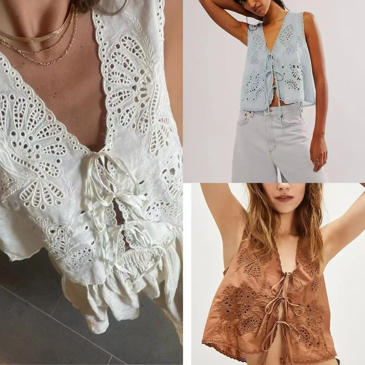 

Женский летний топ свободного кроя из смесового хлопка с вышивкой, ажурной отделкой и поясом, модель 2025 года