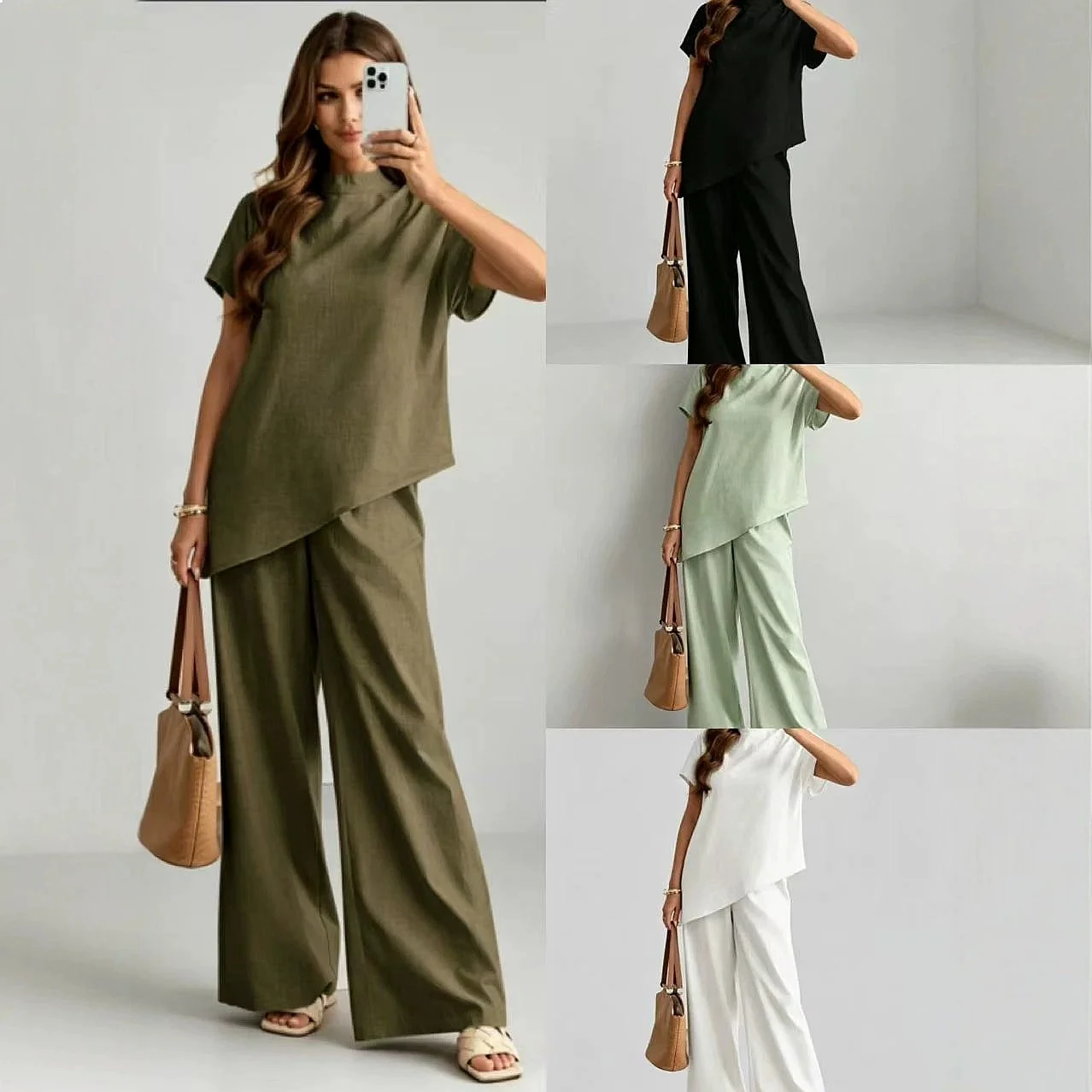 Matching Set Shirt Blouse Top Batwing Sleeve Asymmetric Hem Pants Suit Jumpsuit Playsuit