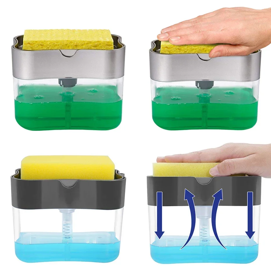 Soap Pump Dispenser with Sponge Holder Cleaning Liquid Dispenser Container Manual Press Soap Organizer Kitchen Cleaner Tool