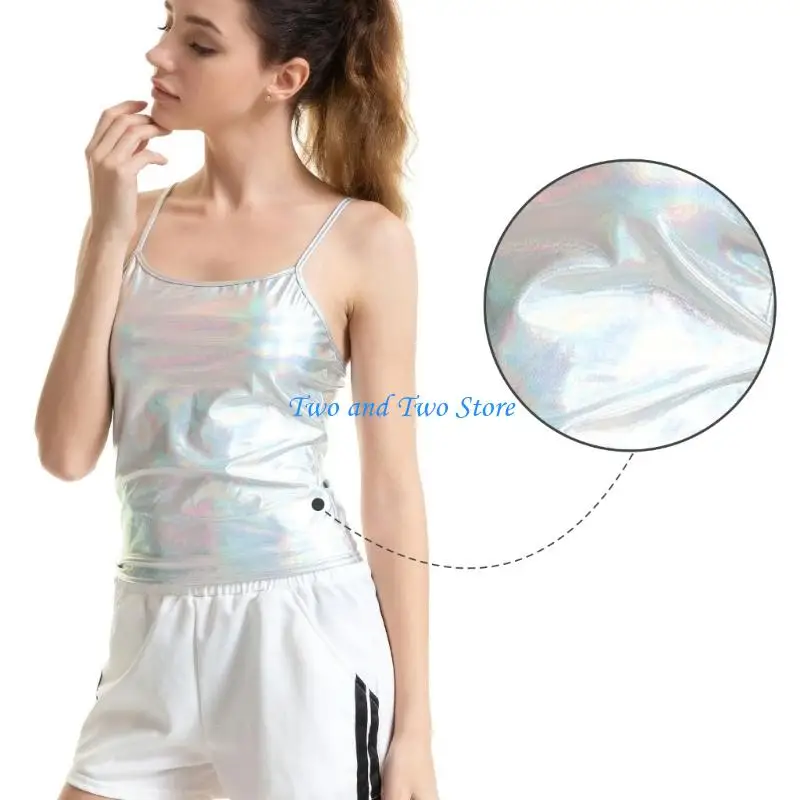 HX6F Metallic Wet Look Faux Leather Camisole Crop Tanks Top for Women