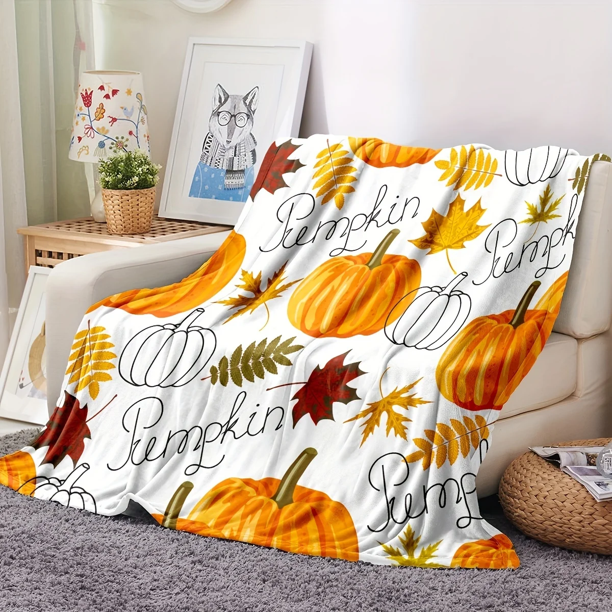 VIKAMA Pumpkin Fall Fleece Blanket Autumn Maple Leaf Soft Plush Throw Blanket for Sofa Bed Couch Cozy Halloween Gift