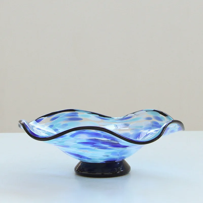 

Colored Glazed Fruit Plate Blue Wave-edge Polka Dot Tray Desk Storage Bowl Glass Vase Hydroponics Trays Decorative Jewelry Dish