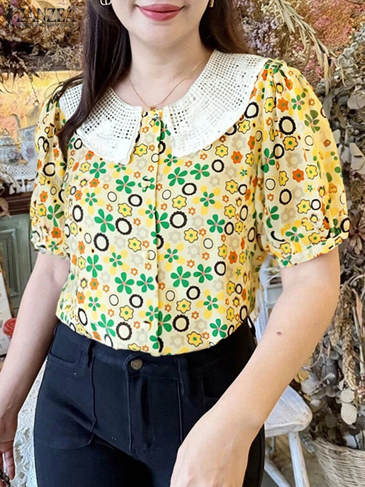 ZANZEA แฟชั่นเสื้อพิมพ์ลายผู้หญิงเสื้อ 2025 ฤดูร้อนโบฮีเมียนวันหยุดเสื้อทูนิคแขนสั้นปุ่มลำลองหลวมบลูซาส