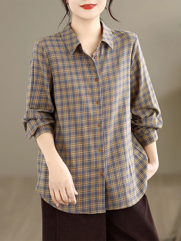 Retro Cotton Plaid Long Sleeve Shirt Women's Autumn Layering Casual Slimming Young-looking Open Cardigan Top Comfortable Brea...