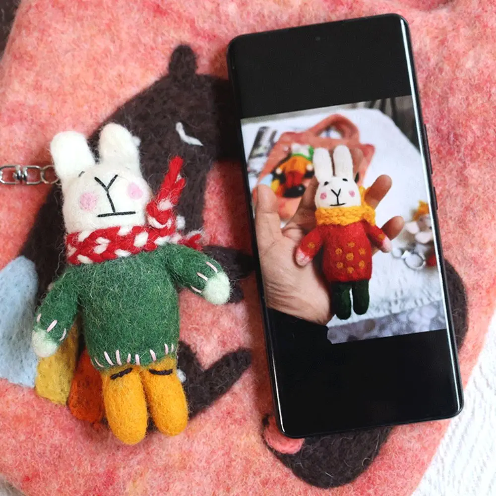 Ins Wind Cute Cartoon Doll Keychain Rabbit Wool Felt Car Keychain Small Props Plush Bag Hanging Women