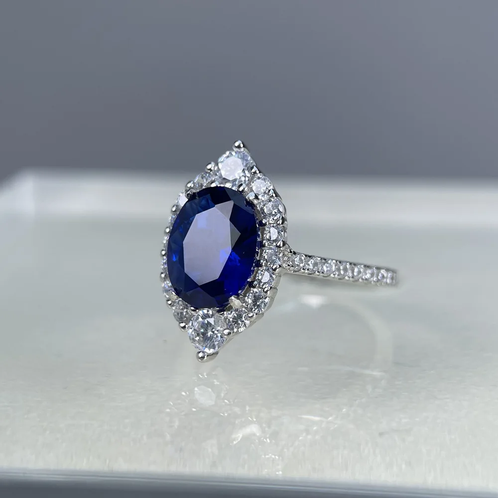 MuShan Designer Jewelry 925 Sterling Silver Ring Blue High Carbon Diamond Gemstones Rings Band for Women Rhodium Plated Rings
