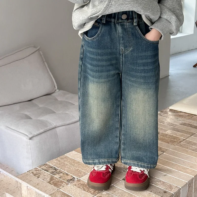 Girls Pants 2024 Winter New Childrens Clothes Girls Baby Fashion Warm Thick Micro Elastic Retro Jeans Casual Simple Daily