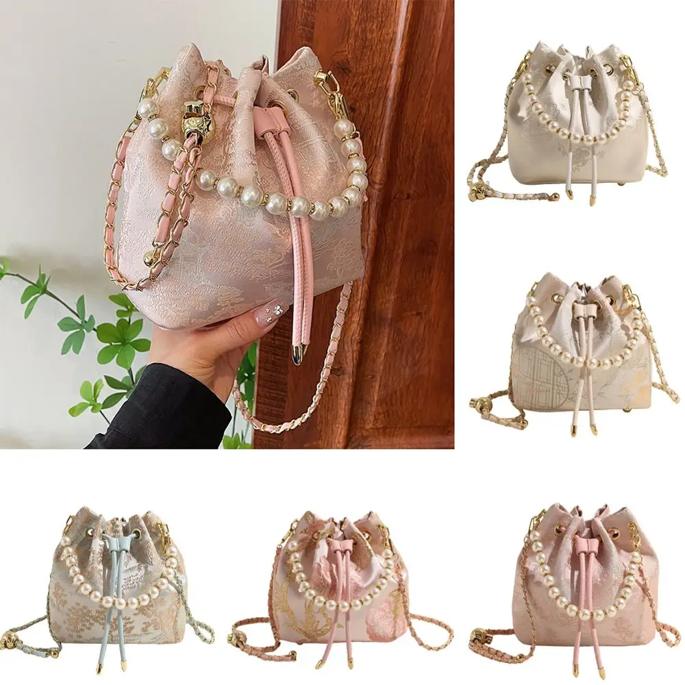 

Portable Embroidery Bucket Bag Adjustable Chain Drawstrings Floral Shoulder Bags Elegant Non-slip Bottom Beading Crossbody Bags