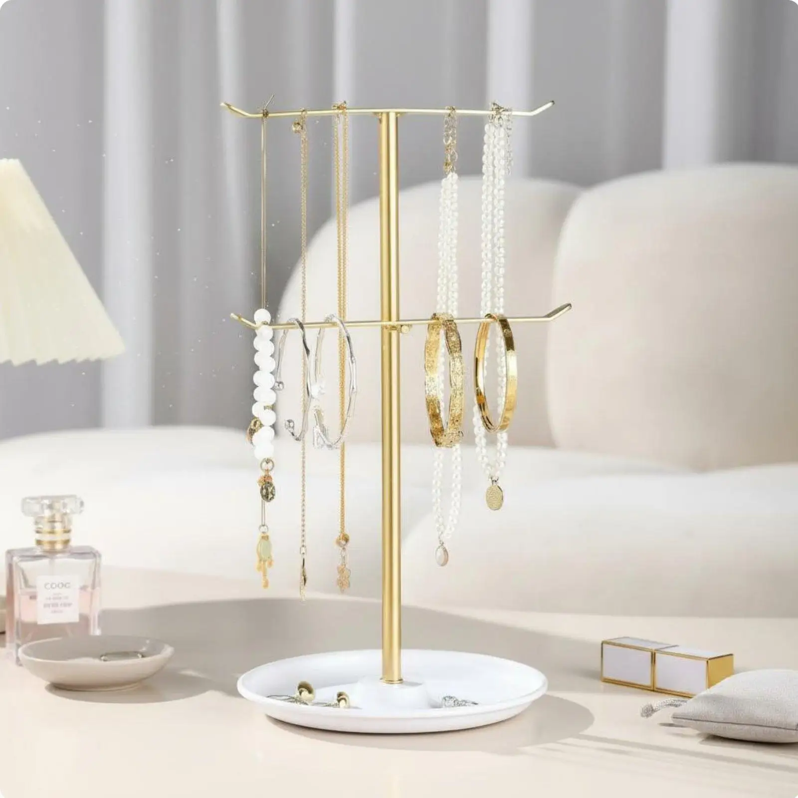 Jewelry Display Stand Space Saving Iron Jewelry Organizer Holder with Dual Rods and Tray for Jewelry Storage view 3