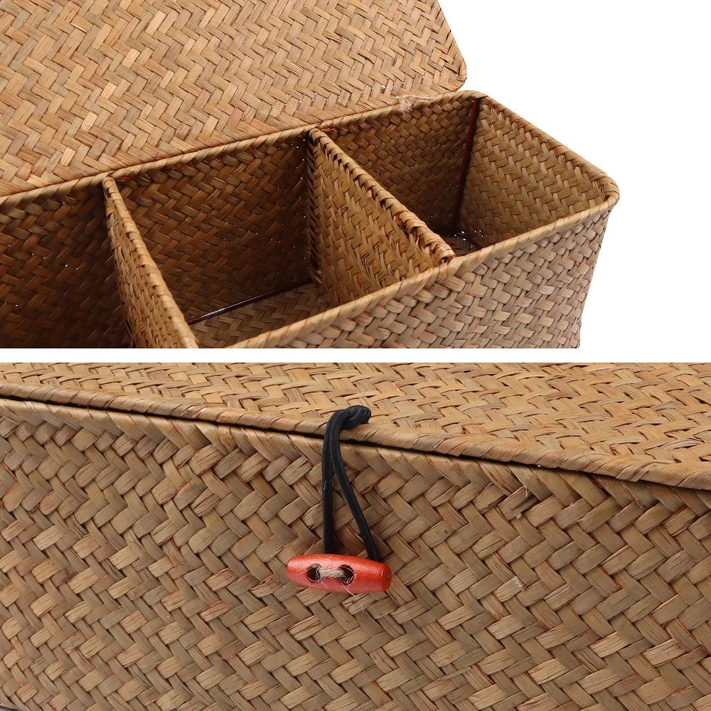 Hand Woven Storage Baskets With Lid Dust Clothing Storage-Box Rectangular Wardrobe Container Sundries Organizer 3 Grids