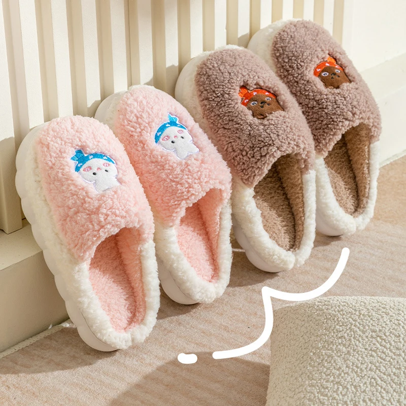 Plush Slippers For Women Winter Slippers Cartoon Rabbit Thick Flat Bottom Non-Slip Comfortable Ladies Home Dormitory Slippers