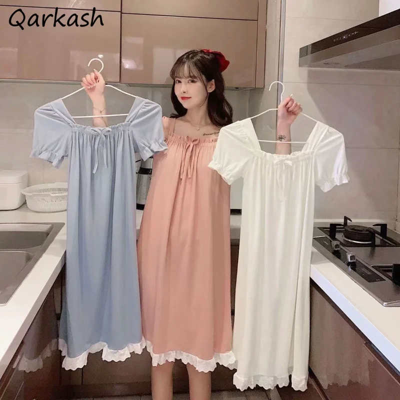 

Nightgowns Women Temper Loose Summer Bow Princess Fashion Aesthetic Students Soft All-match Sleepwear Ulzzang Sweet Basic Tender