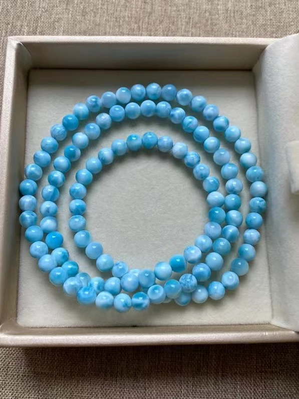 5.4mm Natural Blue Larimar Gemstone 3 Laps Beads Bracelet Women Men Blue Larimar Beads Bracelet AAAAAA