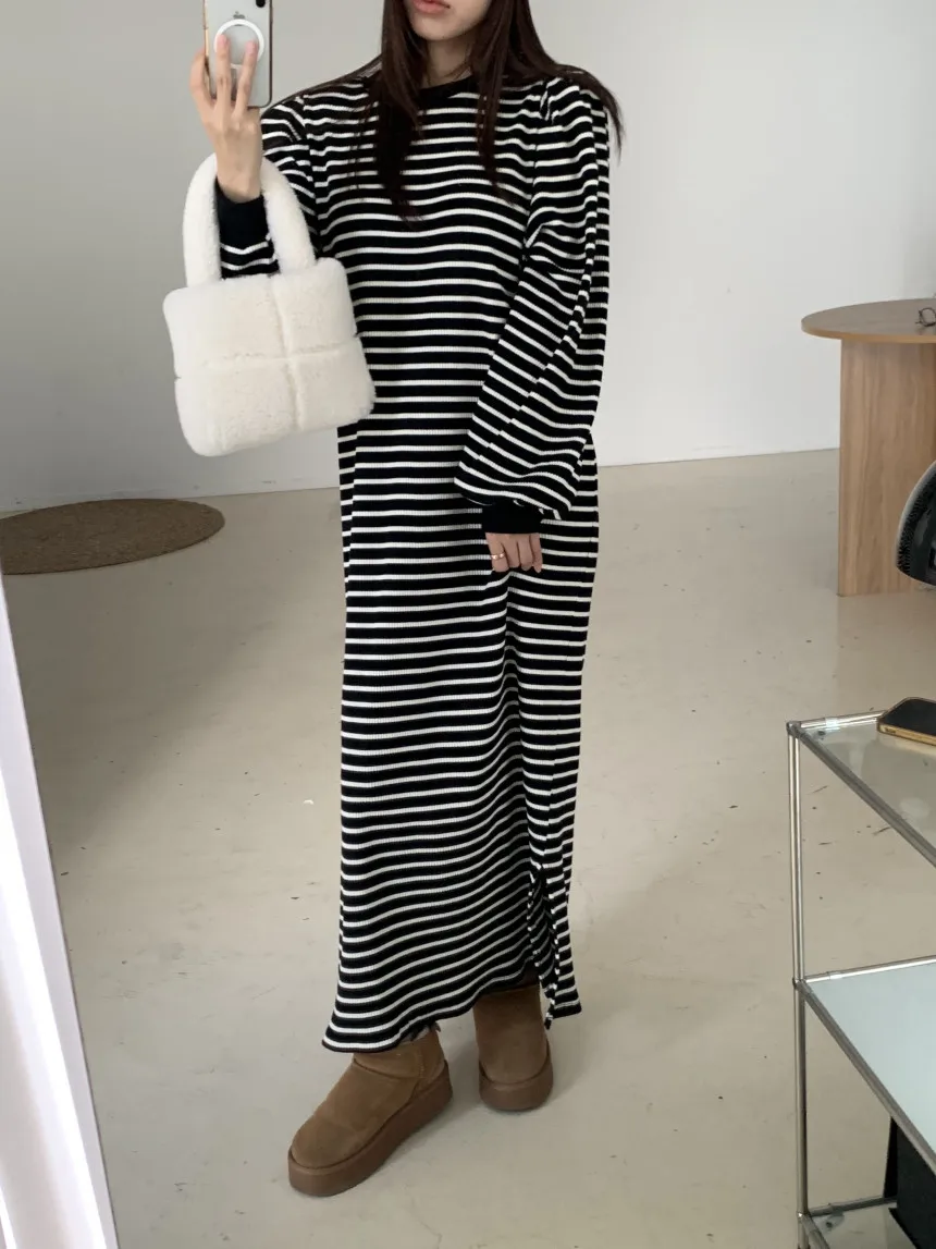 Casual listra longa dr feminino faion retro cor blo el fenda lateral camada base solta dr coreano sle redondo ne