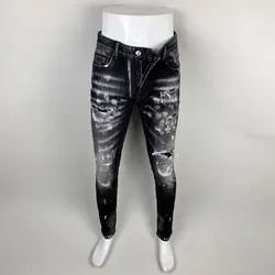 Street Fashion Men Jeans Retro Black Gray Stretch Slim Fit Patched Ripped Jeans Men Painted Designer Hip Hop Brand Pants Hombre