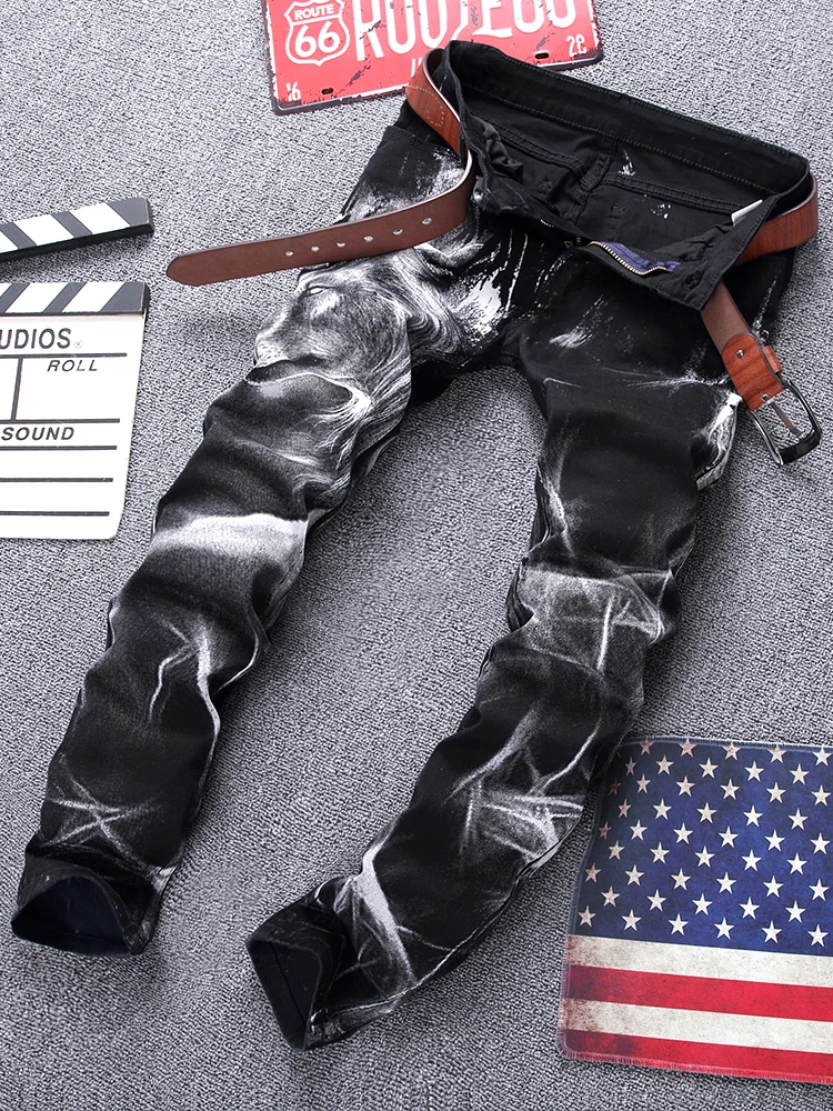 

Модные мужские повседневные джинсы с принтом «Голова волка», эластичные, облегающие, из денима, с цветочным узором, для ночного клуба, молодежные, зимние