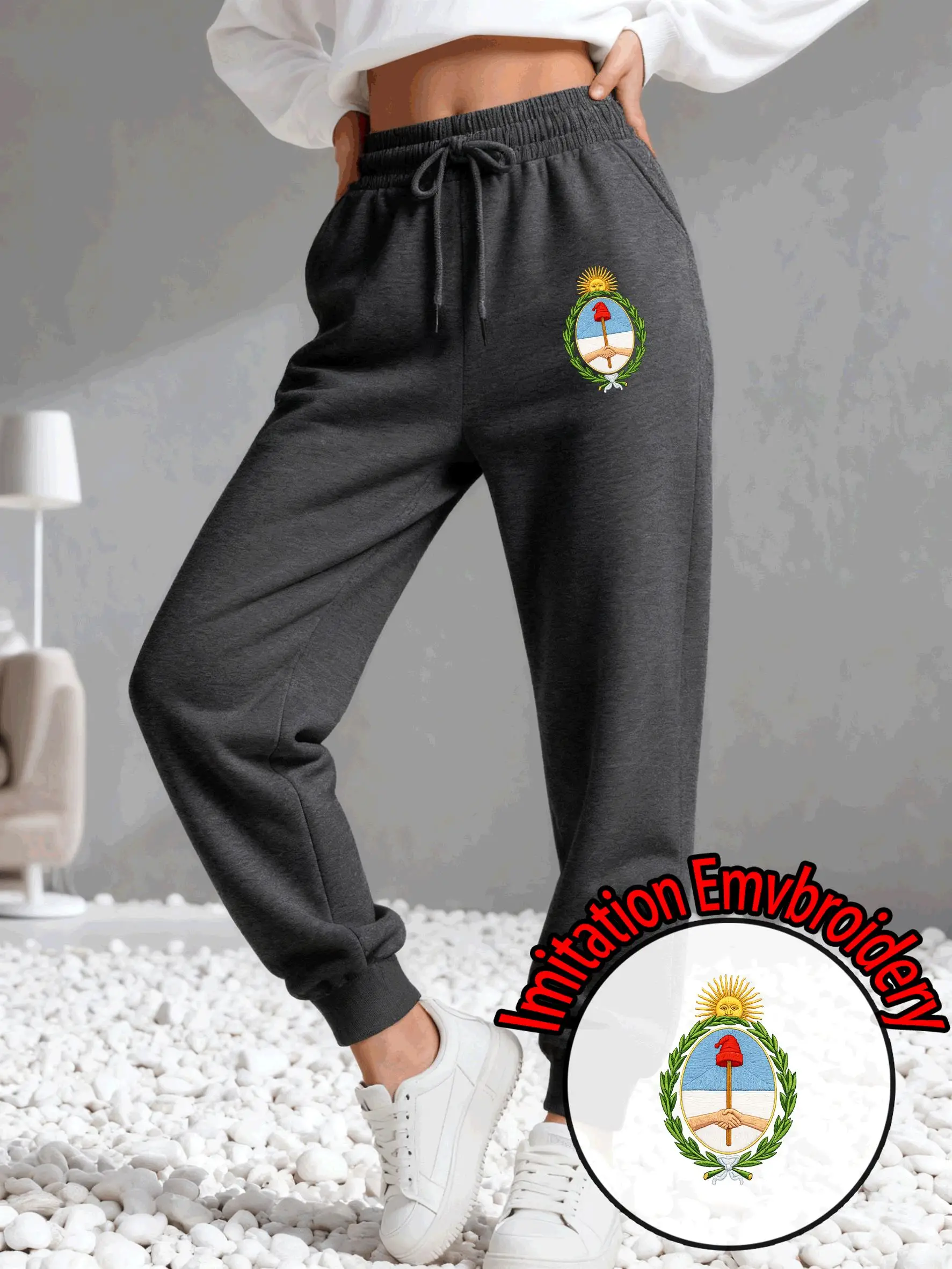 Argentina Imitation Embroidery Print Women Sweatpant Pocket Fleece Trousers All-Match Autumn Jogging Pants Comfortable Clothing