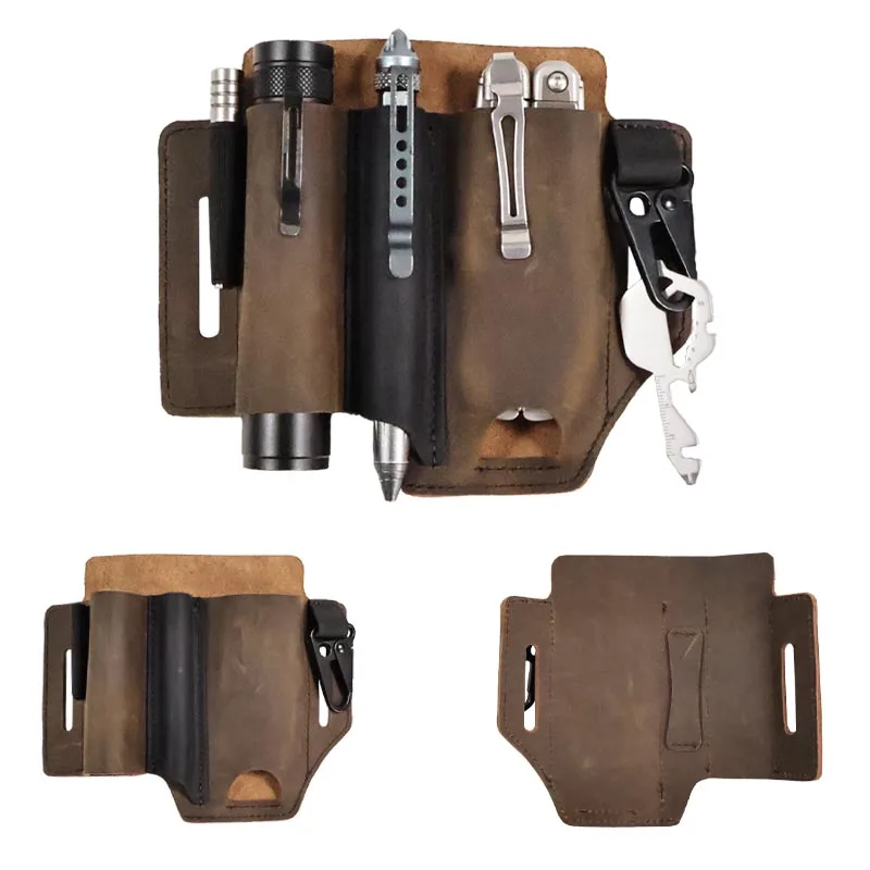 RIYAO Men Multifunction Genuine Leather Sheath Organizer Waist Packs Outdoor Tool Holster EDC Flashlight Folding Knife Pocket