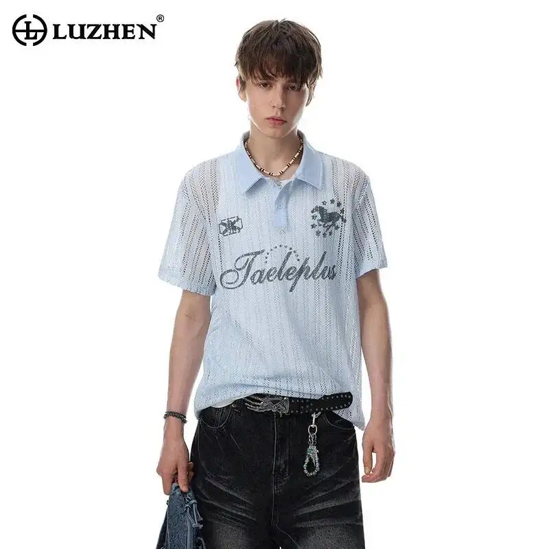 LUZHEN 2026 Summer High Quality Thin Stripe Textured Letter Printed Polo Neck Short Sleeve T-shirts Men's Fashion Clothes JY7668