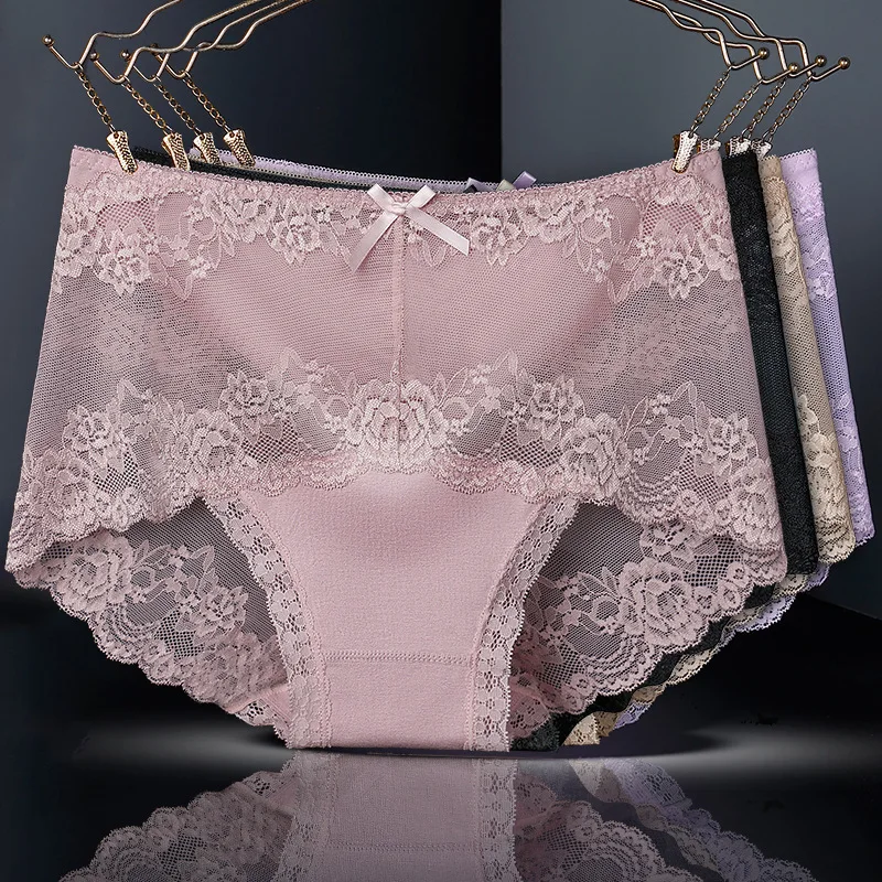 Lace Panties Women\'s Underwear Sexy Transparent Soft Briefs Pure Cotton Cloth Skin Friendly Middle Waist Female Lingerie