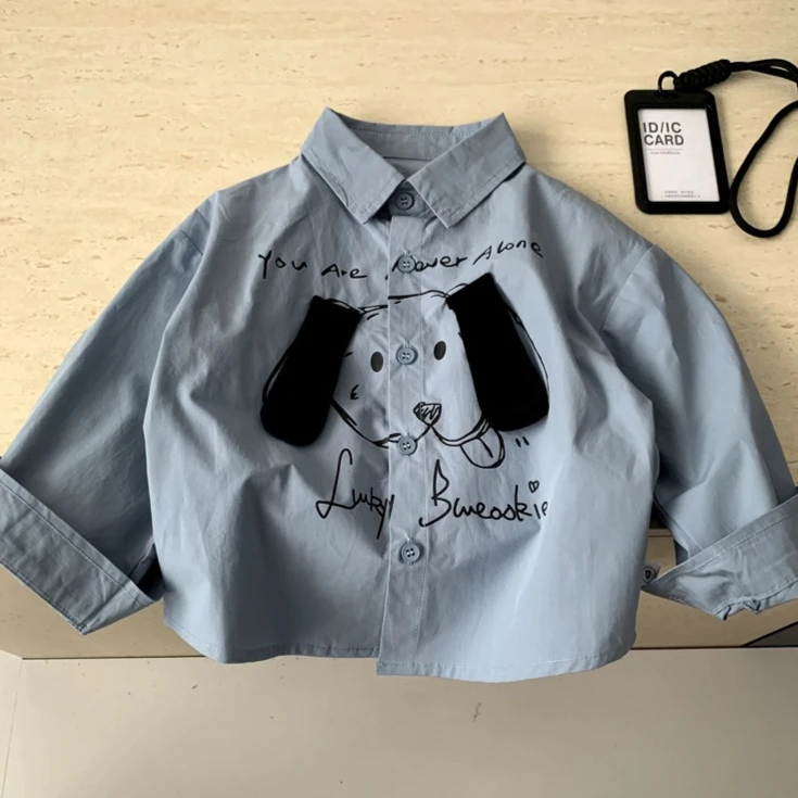 Boys Shirt 2026 Spring and Summer New Children's Clothing Korean Style Boys and Girls Casual Marine Blue Cartoon Lapel Shirt