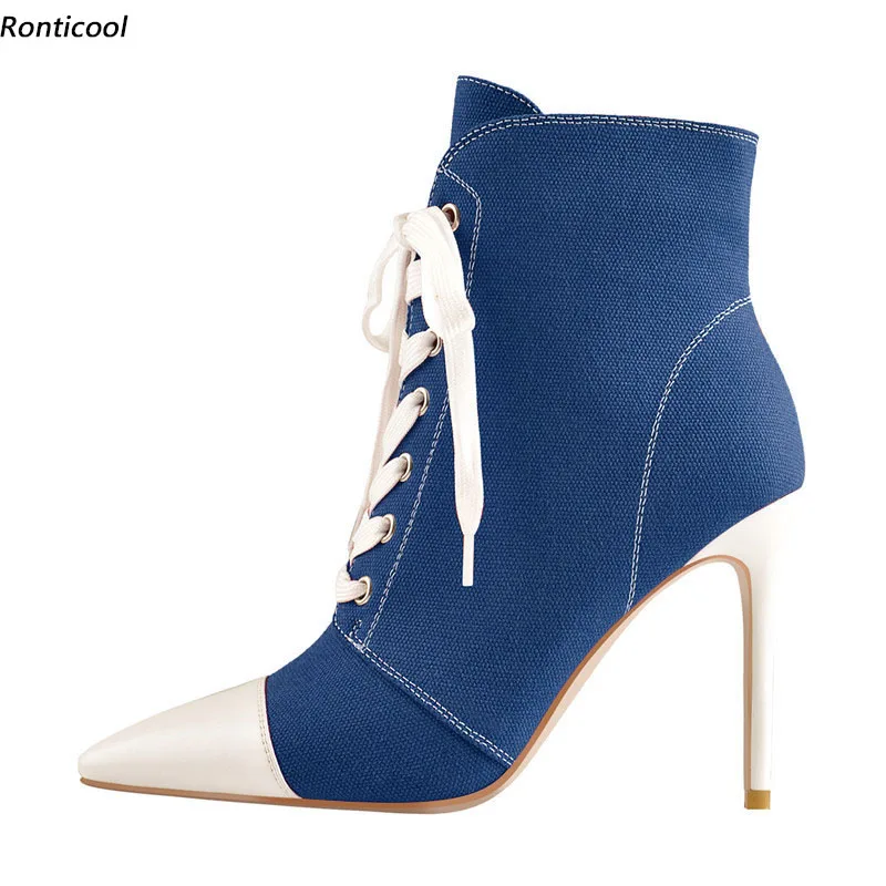 

Ronticool Women Winter Ankle Boots Denim Side Zipper Stiletto Heels Pointed Toe Black Blue Red Casual Shoes Plus US Size 5-15
