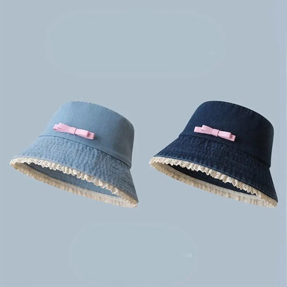 

Casual Big Brimmed Denim Bucket Hat Y2K Sunscreen Lace Fisherman Hat Bow Tie Visor Bow Sunscreen Hat Girls