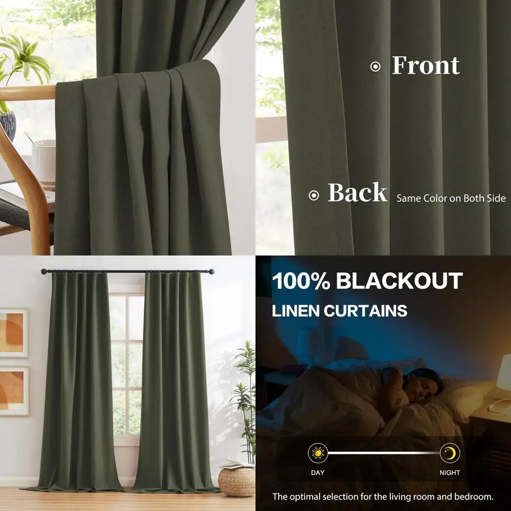 

96 темно-оливково-зеленых изолированных штор из искусственного льна, комплект из 2 панелей для спальни/гостиной, шумоподавление
